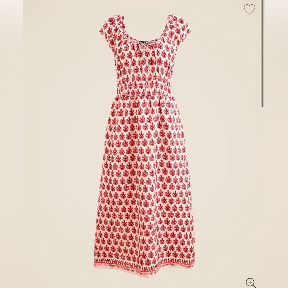 J. Crew Cap-sleeve Midi Dress in Block Print Linen Cream Red Size XL